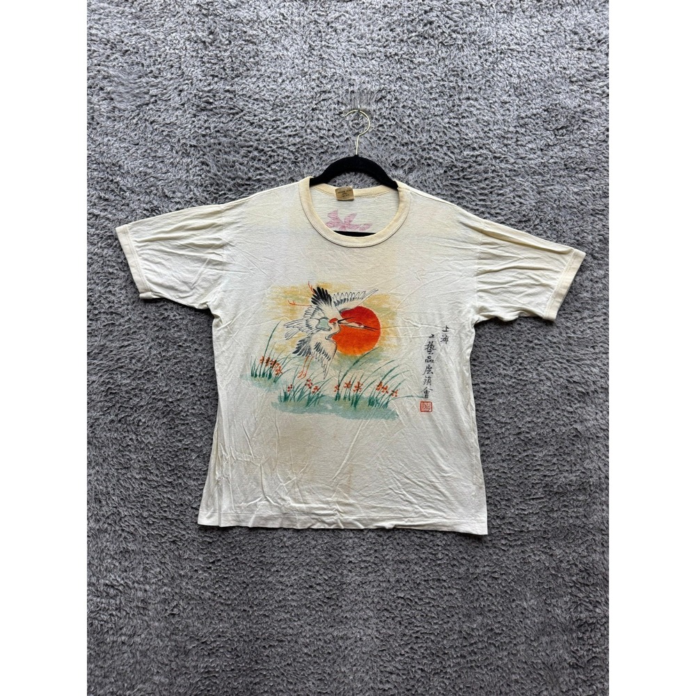 Vintage 60's 70's Hand Painted Crane & Chinese Characters‎ T-Shirt Mens XL